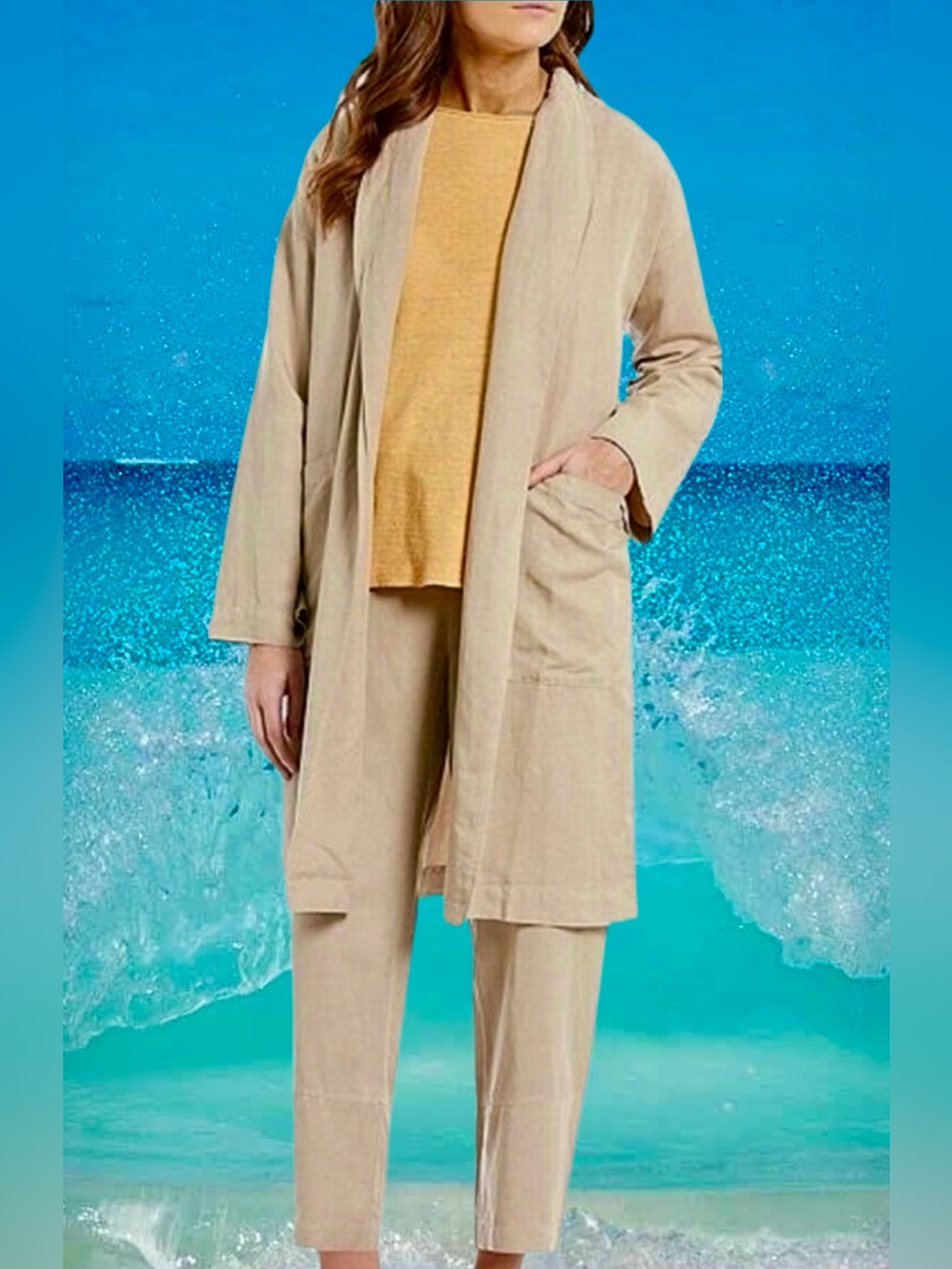 Eileen Fisher Beige Open-Front Long Jacket